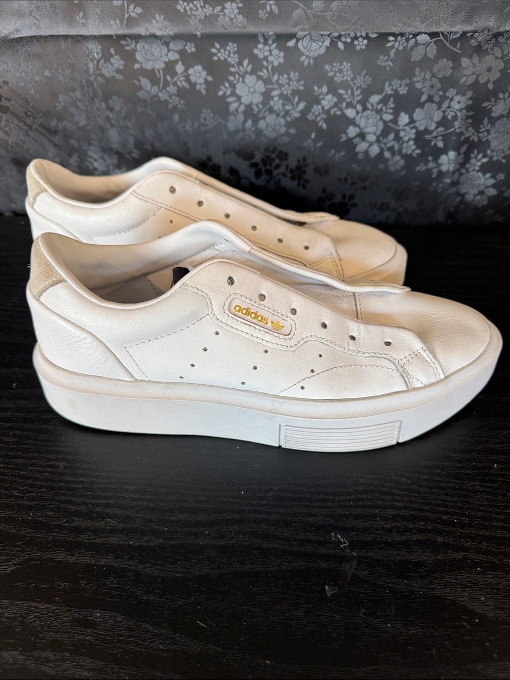 adidas White Leather Platform Sneakers with Gold Logo - no strings